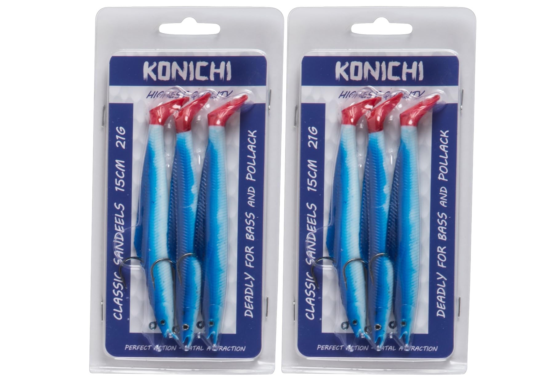 FISHZONE - 6 (2 x 3) Pack KONICHI CLASSIC SANDEEL Fishing Lure 6" 15cm 21g Soft Rubber Imitation Bait Range (6 Colours Available) For Predatory Fishing. UK Supplier (Bluey)