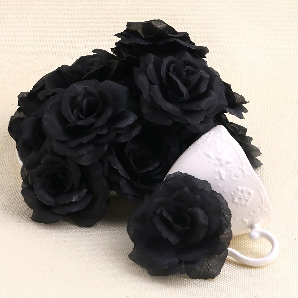 Arich 20pcs Roses Artificial Silk Flower Heads DIY Small Bud Party Wedding Home Decor (Black)