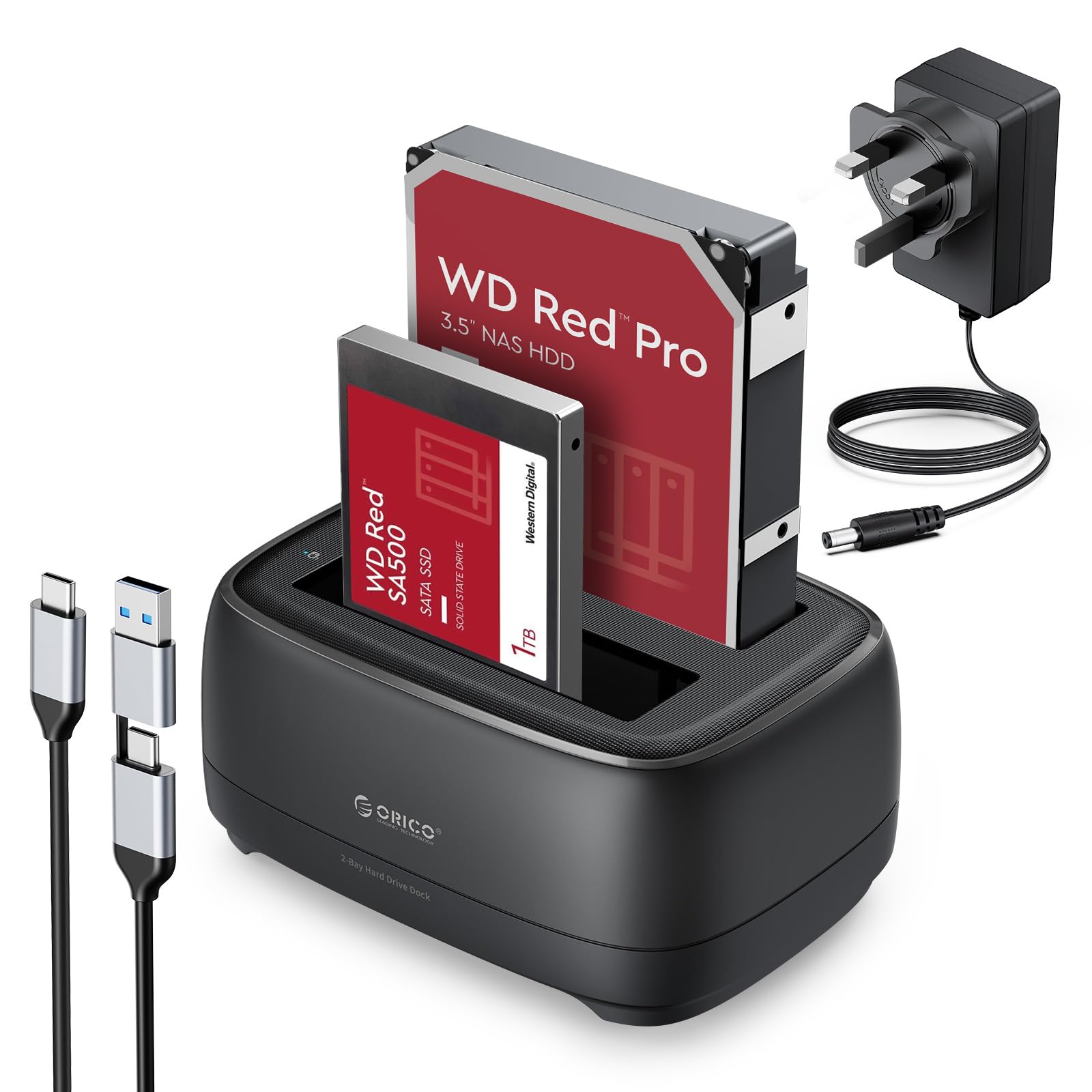 ORICO Hard Drive Docking Station, USB C/A Dual Bay SSD Reader for 2.5 or 3.5 inch SSD HDD Dock Tool-Free Enclosure with Adapter Surport 2 * 22 TB SATA HDD/SSD (Not Support Offline Clone)