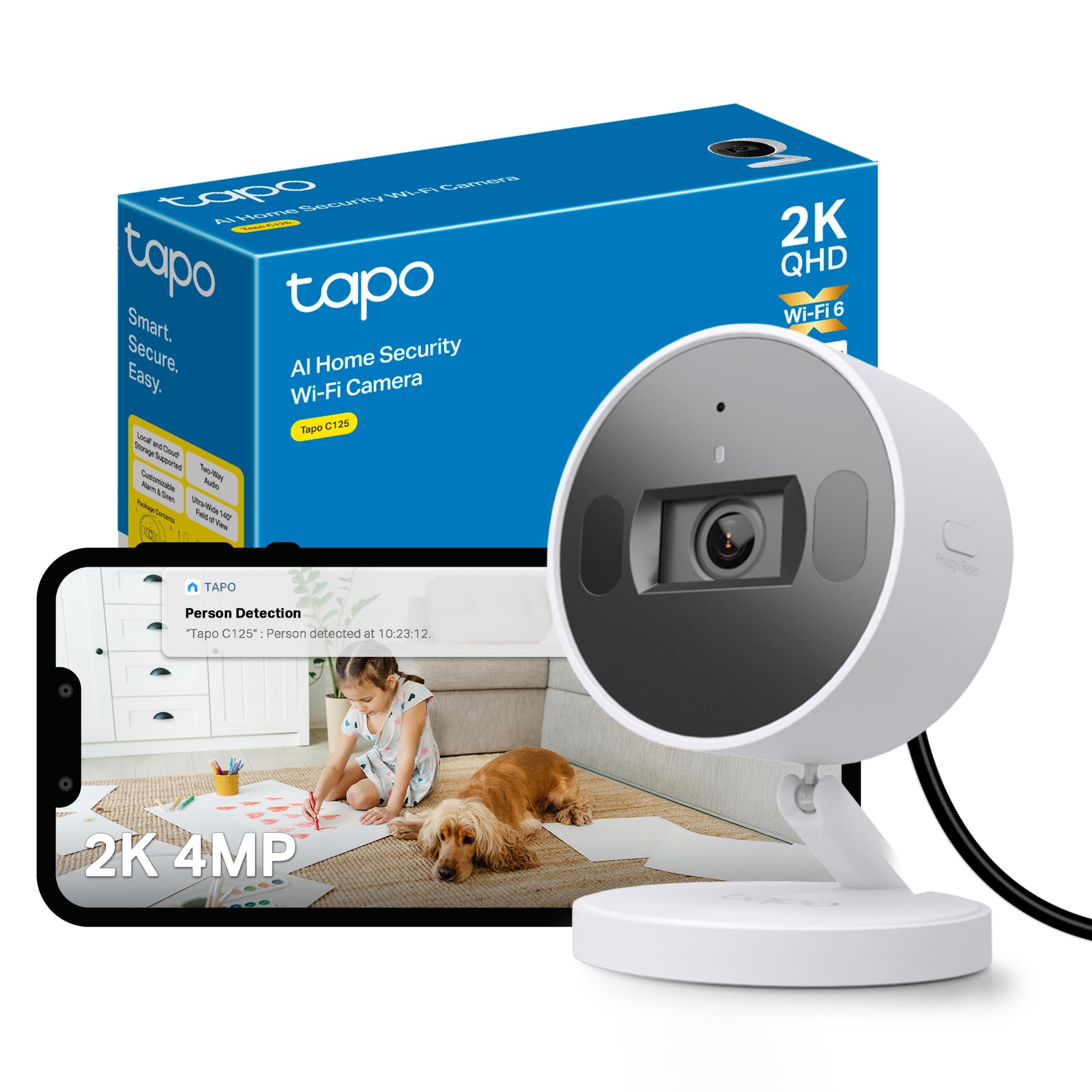 Tapo C125 Indoor Camera with Physical Privacy Shutter, 2K QHD Security Camera, No Monthly Fee, AI Detection, Pet & Baby Camera, CCTV, 2-Way Talk, 140° Wide FOV, Night Colour Vision, Magnetic Mounting