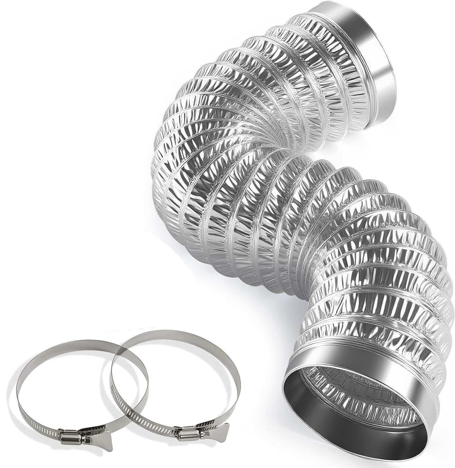 View 1 of ?2025 ?????????4 Inch 5 Feet Dryer Vent Hose, Flexible Aluminum Air Ducting with 2 Stainless Steel Clamps for Tight Spaces, Dryers, Bathrooms, Workshops, Grill room & Grow Tents