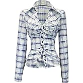MakeMeChic Women's Plaid Button Down Shirt V Neck Collar Long Sleeve Y2k Vintage Blouse