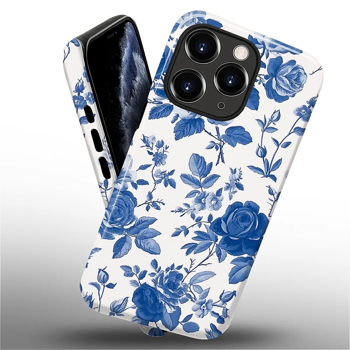 Wqwaxxc Compatible with iPhone 11 Pro Case Glossy 2-in-1 Sleek All-Inclusive Dual-Layer Material Soft TPU + PC Back for Rose Fame Blue White Rose Floral