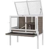 Aivituvin Guinea Pig Cages, Rabbit Hutch with Anti-Chew Frame, Bunny Cage with Cleaning Sliding Tray, 3 Openable Areas, Assemblable Legs, Ramp &amp; Hideout Included - Brown