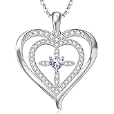 RIVIKO 925 Sterling Silver Cross Birthstone Necklace for Women,Love Heart Pendant Necklaces Trendy,Valentines Day Gifts for Her,Anniversary Jewelry Birthday Gifts for Women Wife Mother Friend