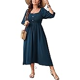 SHESTARR Women's Plus Size Casual Dresses Square Neck Button Up Smocked 3/4 Puff Sleeve Empire Wasit A-line Flowy Midi Dress