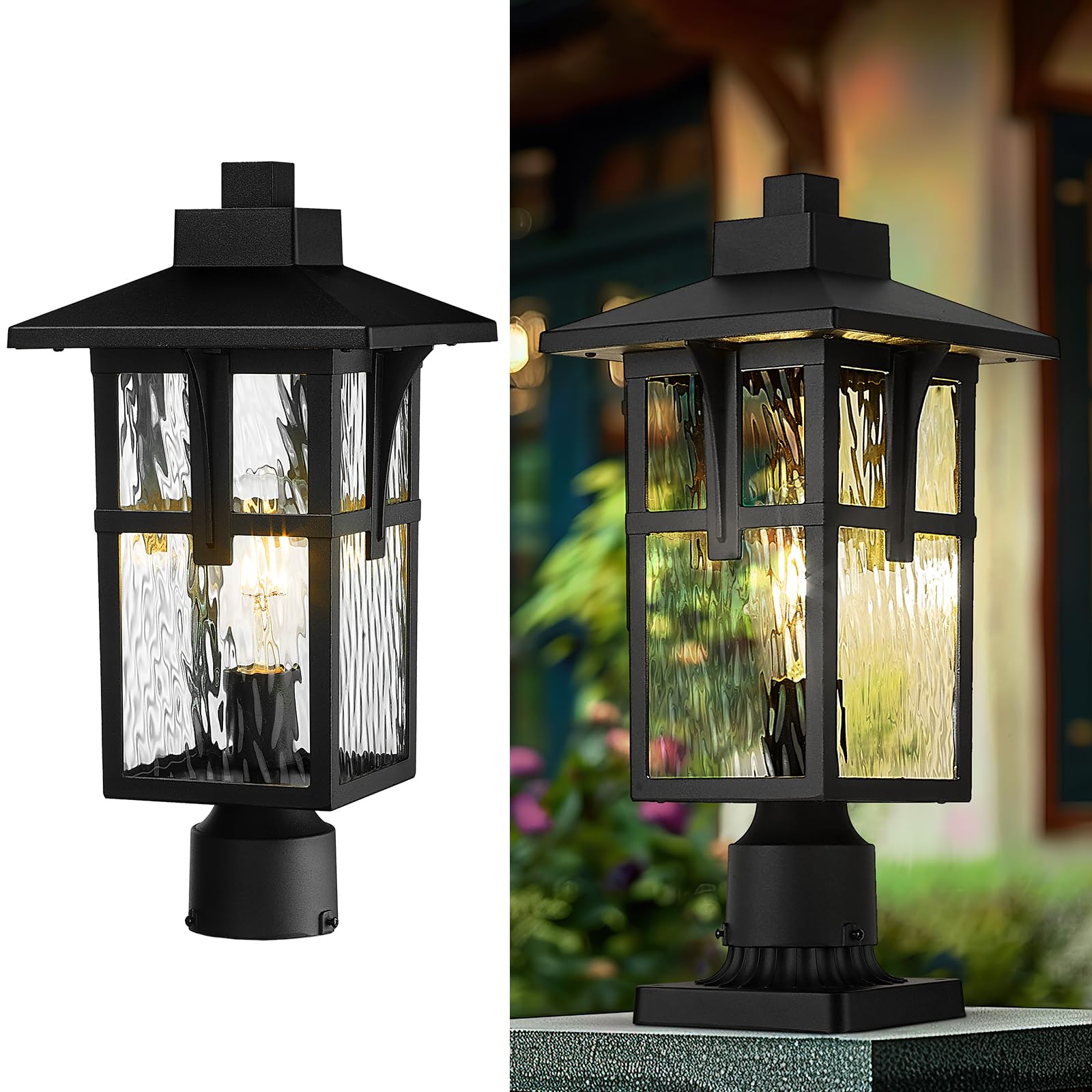 Photo 1 of zeyu 16.7 Inch Outdoor Pole Light, Lamp Post Light Fixture for Garden Pathway, Die-Cast Aluminum with Water Ripple Glass, Black Finish, ZX1P-SW BK