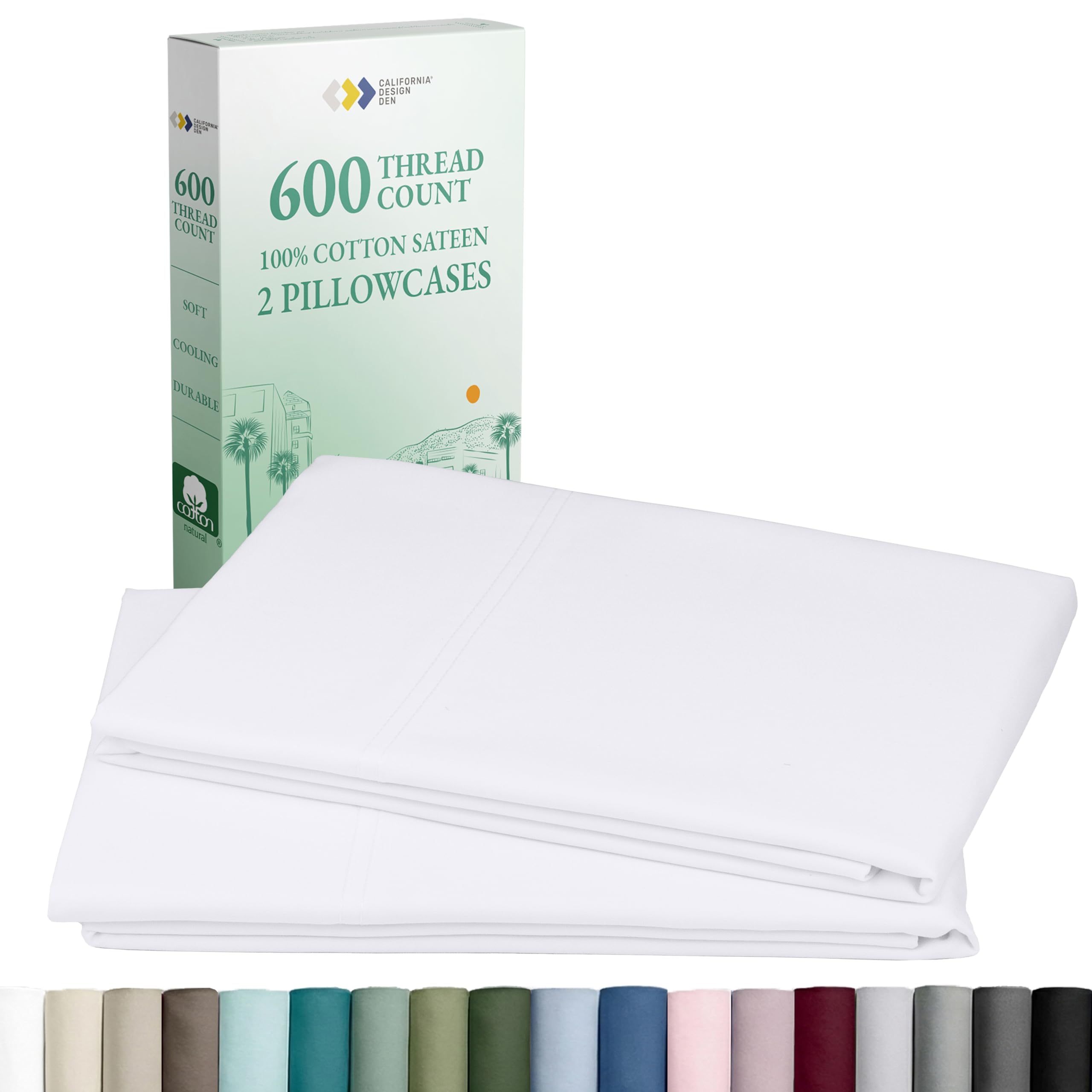 California Design Den Luxuriously Soft 600 Thread Count 100% Cotton King Size White Pillowcase Set of 2, Fits King Pillows