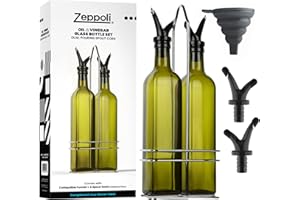 Zeppoli Oil Dispenser Bottle Set - Dual Spout and Pouring Funnel - Stainless Steel Rack Included - Oil Funnel Kitchen - Glass Bottle - Oil Dispenser Bottle Kitchen Cruets - Oil Pack