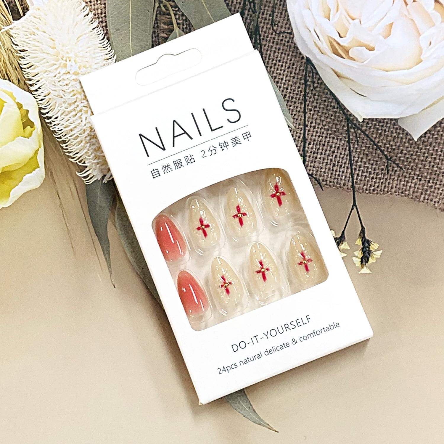 Spring Press on Almond Nails Medium Glossy Full Cover Almond French False Nails with Floral Designs Artificial Almond Shaped Fake Nails with Charms Glue Stick ons Fingernails for Women Girls(Z935) - Image 6