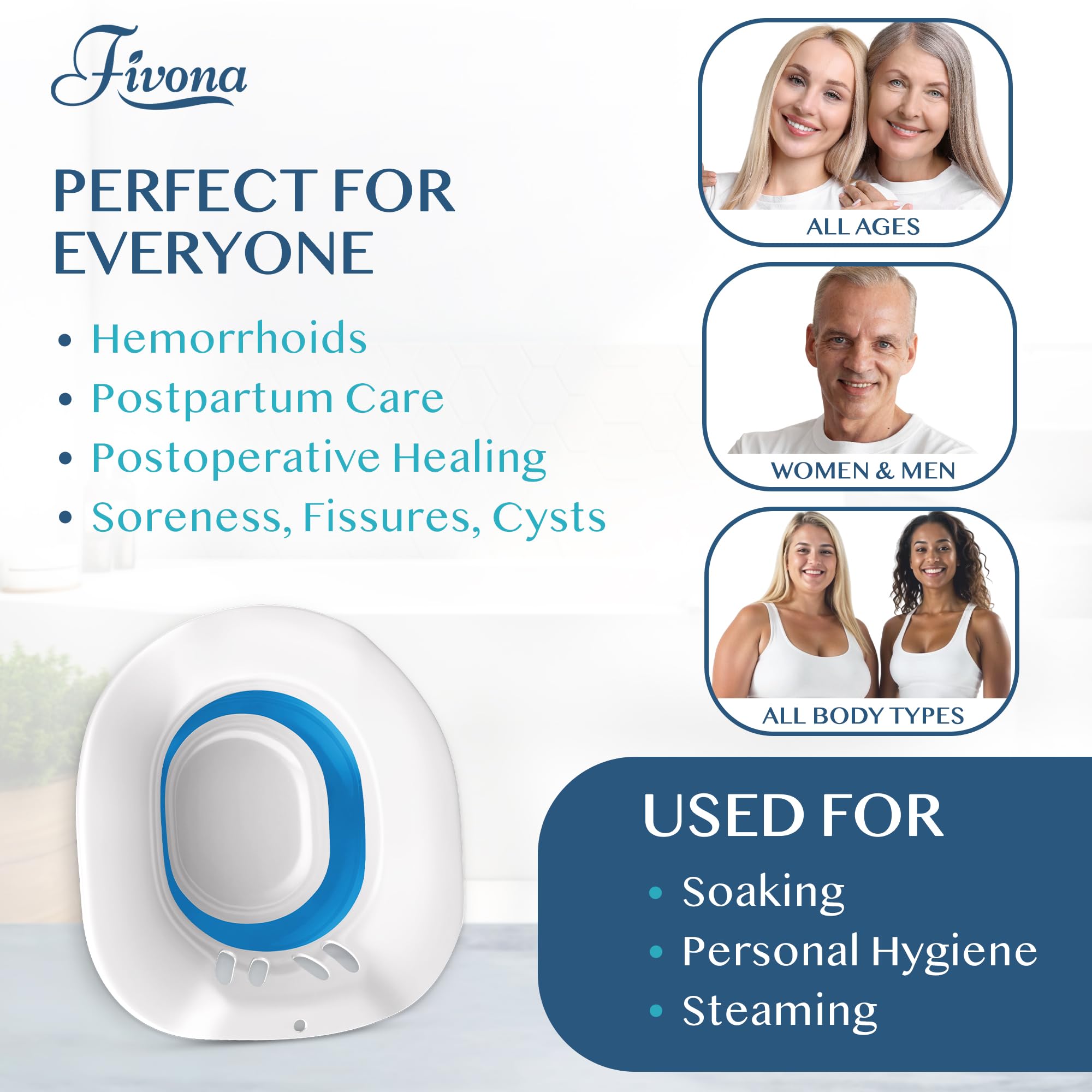 Fivona Sitz Bath for Toilet Seat Postpartum and Hemorrhoids Care - Yoni Steam Seat - Foldable Basin for Epsom Salt Soak - Portable Bidet BPA Free Temperature Resistant - Universal Fit - Blue