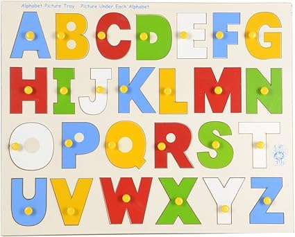 Skillofun Wooden Alphabet Picture Tray with Knobs, Multi Color