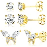 TIKJE 925 Sterling Silver Stud Earrings Sets, 14K Gold White Gold Plated Post Bumble Bee Butterfly Round Square Earrings Stud for Women, 2/3 Pairs (Nickel Free)