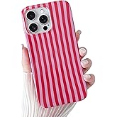 Yeddabox for iPhone 16 Pro Case Cute Striped Phone Case Soft TPU Slim Shockproof Phone Cover for Women Girls, Red and Pink