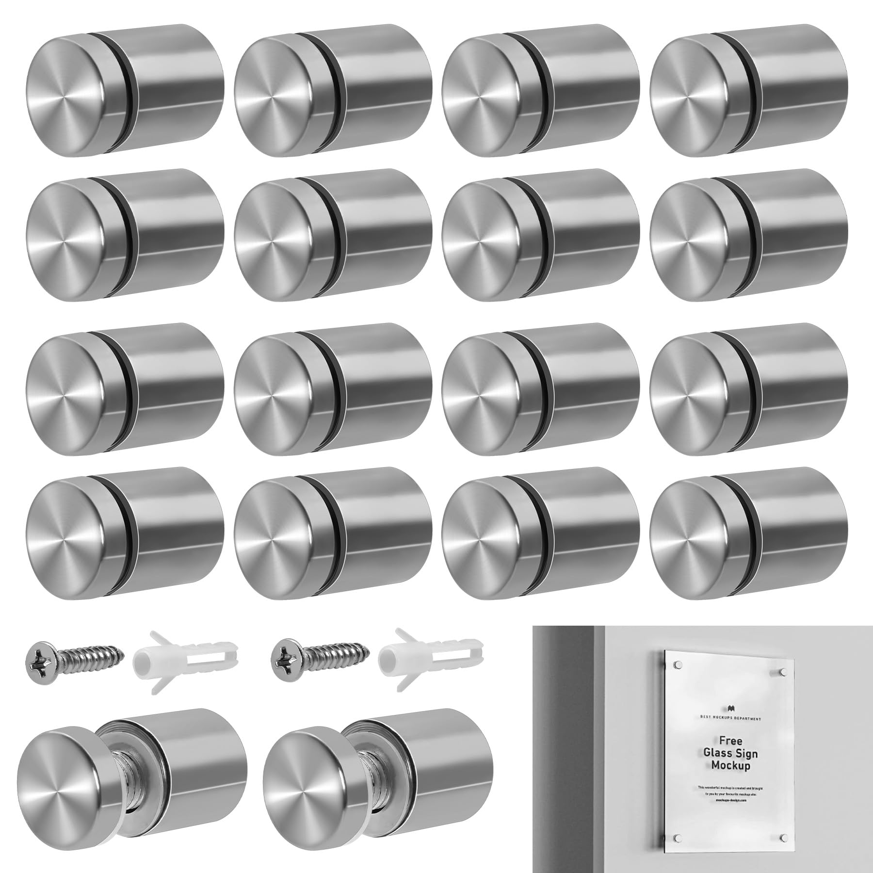 18PCS Standoff Wall Fixings, 19x25mm Stainless Steel Sign Standoff Screws Wall Mount Advertisement Fixings Glass Bolts for Sign Displays, Advertisement, Billboards, Picture Frames & Glass Posters