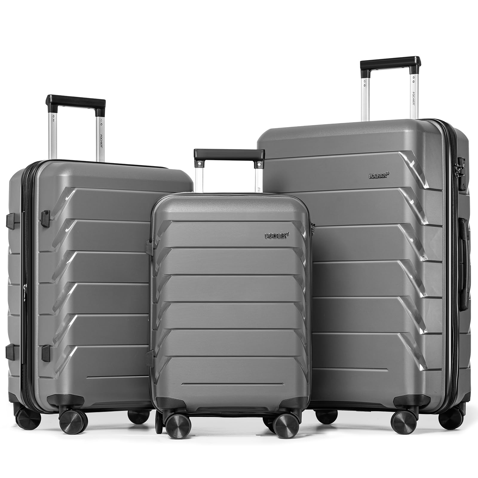 FOCHIER F Expandable Luggage Sets 3 Piece With TSA Lock,Luggage Set PP Material Travel Suitcase Set With Spinner Wheels for Men Women, 20''/24''/28'', Grey