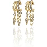 14K Gold Plated Dangle Earrings for Women, Triple Huggie Stud Dainty Drop Earrings, Trendy CZ Chain Statement Non Tarnish Jewelry
