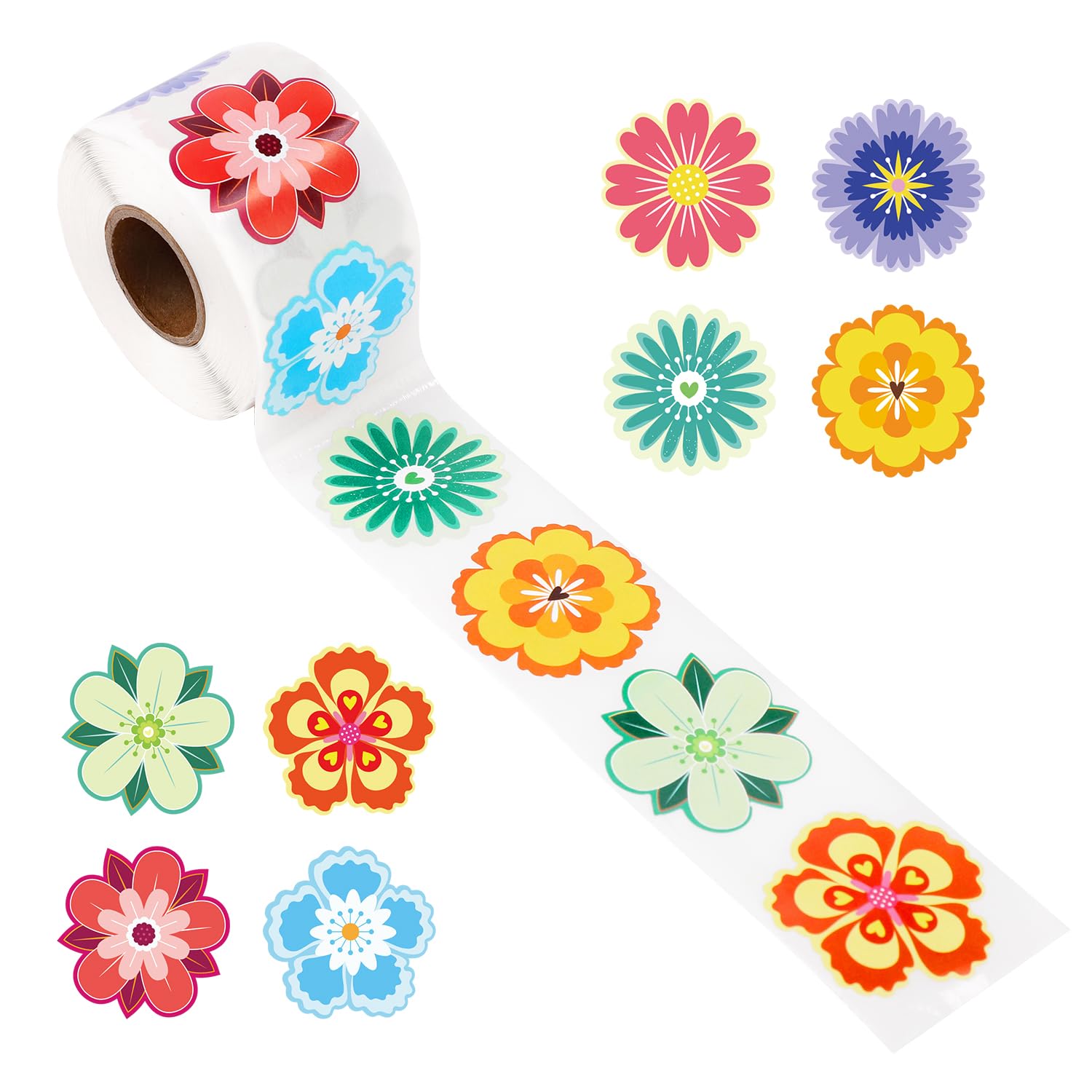 500pcs Flower Sticker for Kids, 8 Styles Spring Floral Sticker Roll 1.5in Colorful Summer Sticker for Scrapbooks Water Bottle Gift Wrapping Laptop Nature Party Decorations