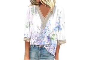 LPIGOH Womens 3/4 Sleeve Tops Floral Print V-neck T-shirt 2024 Fashion Ladies Tops Dressy Casual Summer Trendy Womens Blouses