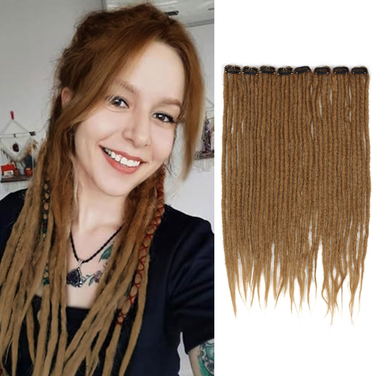 Photo 1 of Quisduis 16 Inch clip in dreadlocks hair extensions, brown Synthetic Dreadlock Extensions Clip In 16 Inch 8 PCS 32Strands Hippe Dreads Handmade Soft Reggae Style Loc Extensions for Women