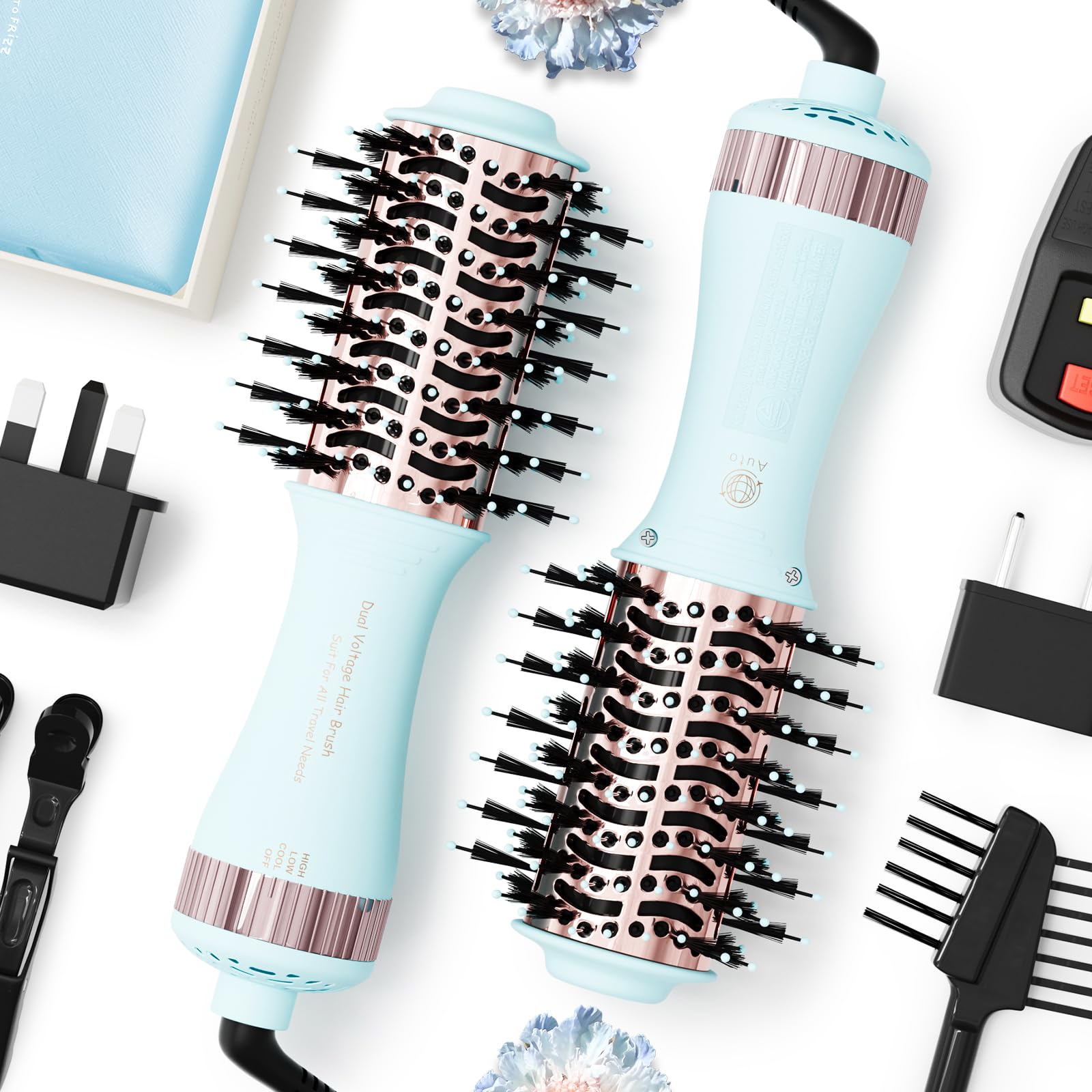 Photo 1 of Travel Dual Voltage Hair Dryer Brush 4-in-1 Portable Mini Hot Air Blow Dryer Straightener & Curler Brush, Titanium Round Blowout Styler Volumizer Tools, 110/240V US/EU/UK -Baby Blue & Rose Gold