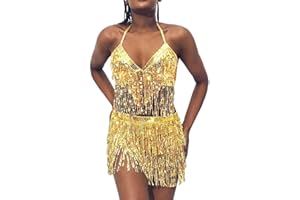Zoestar Sequin Belly Dance Outfits Sparkly Rave Costume Skirts Tassel Sequin Bra Top Skirt for Women