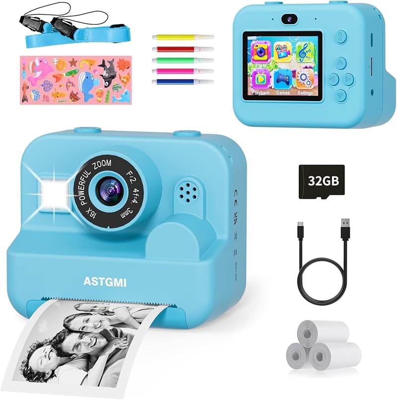 ASTGMI Kids Camera Instant Print 1080P 12MP Dual Lens 32GB Blue