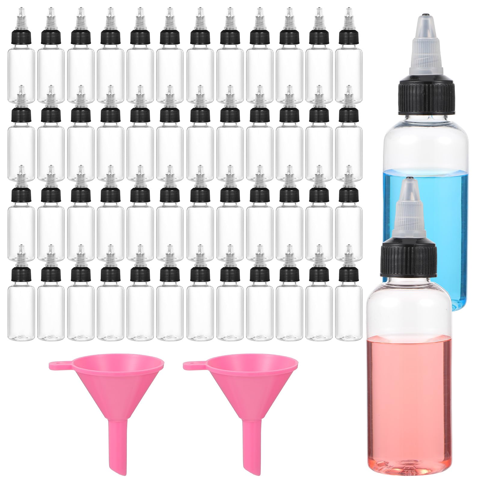Photo 1 of HOFURME 50 Pcs 2 oz Plastic Squeeze Bottles Dispensing with Twist Cap, Small Clear Squeeze Bottle with 2 Funnels for Liquids, Oils, Crafts, Kitchen, Household Home