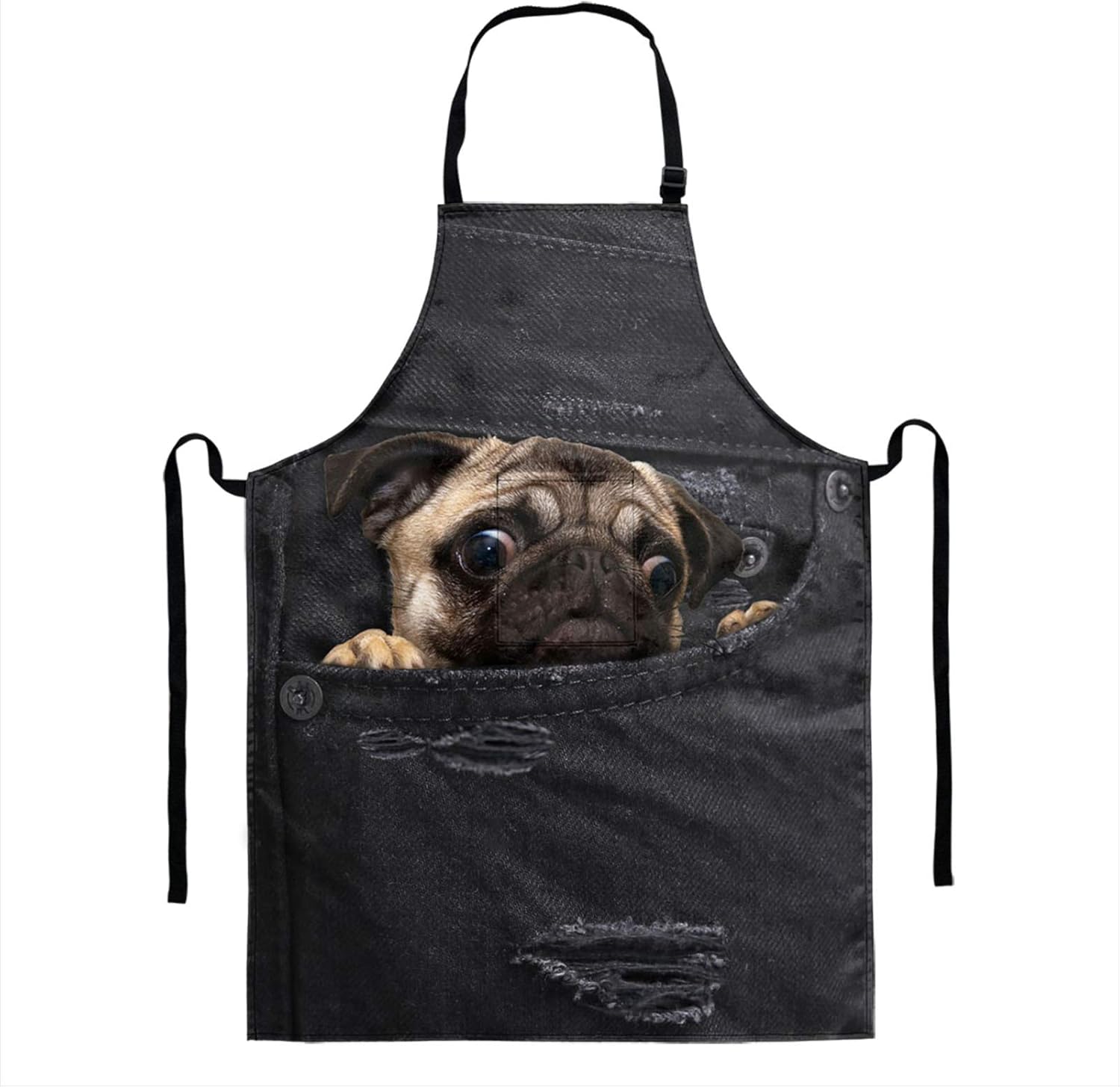 HUGS IDEA Pocket Pug Adorable Vivid 3D Dog Jeans Apron Lengthen Cooking Kitchen Waterproof,Adjustable Chef Apron with Pockets for Home BBQ,School,Coffee House,Apron for Men Women - Image 4