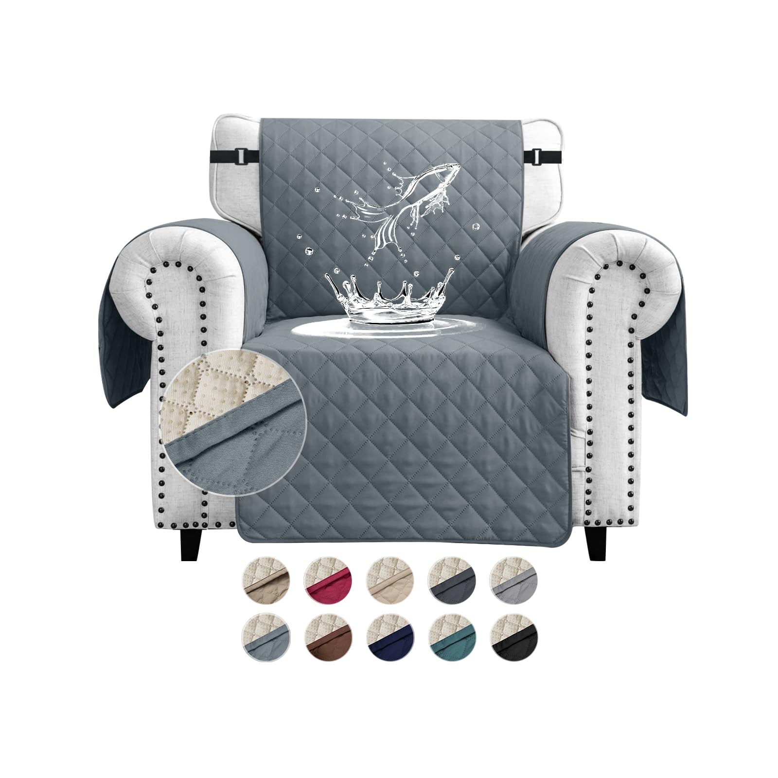 FIGOOO Sofa Covers Water Resistant Sofa Slipcovers 1 Seater Waterproof Reversible Anti-Slip Anti-Scratch Sofa Cover with Non Slip Elastic Straps for Dogs Cats Pets,Grey-Blue