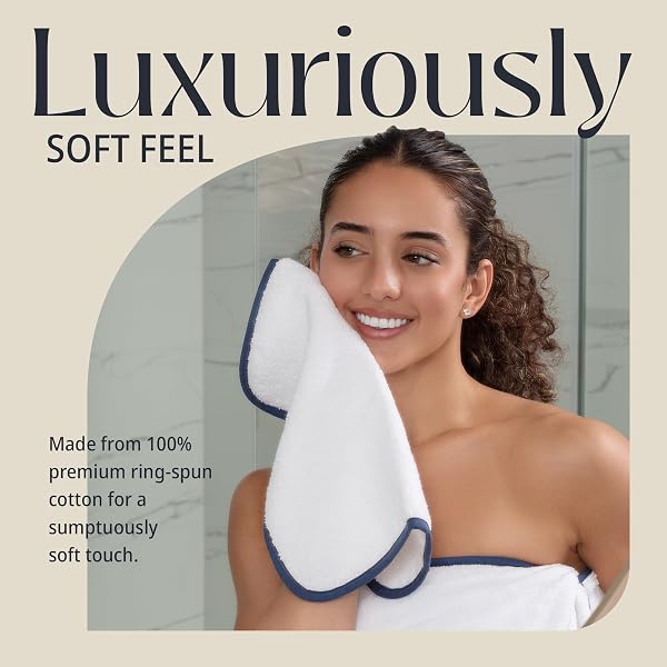 MACOUBA BATH TOWELS FOR BATHROOM BATH TOWEL SET – WHITE TOWELS WITH BLUE TRIM – LUXURY SET OF 6 – BATHROOM TOWELS SET, WHITE NAVY BLUE TOWELS – 2 WHITE BATH TOWELS, 2 HAND 2 FACE