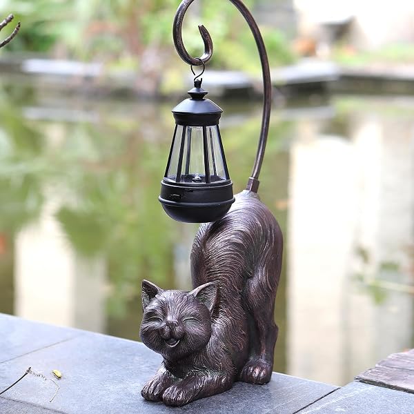 HAPYARD SOLAR CAT FIGURINE, 15.7 INCHES TALL LED WATERPROOF ANTIQUE BRONZE RESIN STATUE, AUTO ON/OFF AT DUSK FOR CAT LOVERS OR MEMENTO GIFT OUTDOOR DECOR