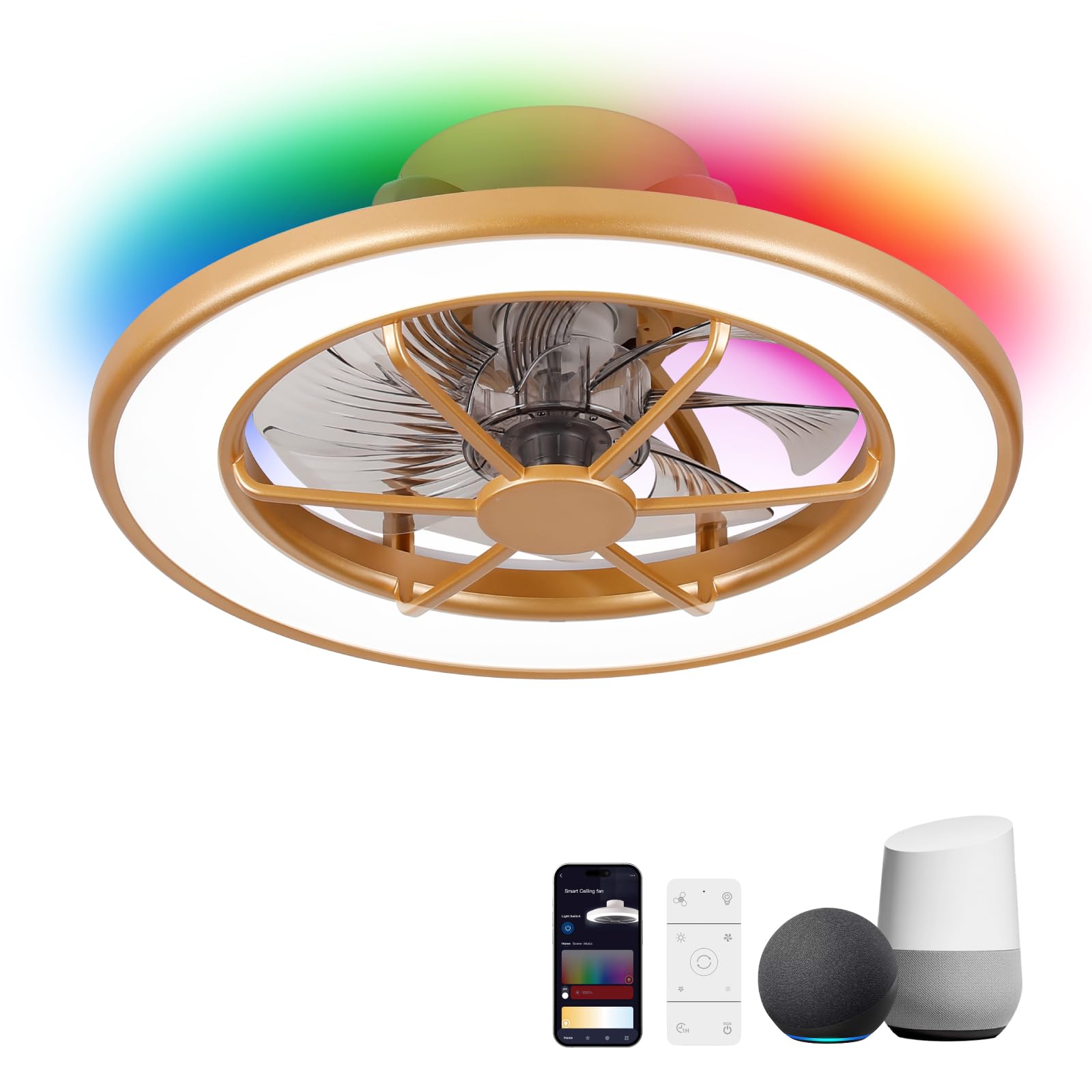 Photo 1 of ocioc Low Profile Ceiling Fans with Lights,18 in Smart Ceiling Fans with Alexa/Google Assistant/App Control Color Changing LED-RGB Back Ambient Light for Bedroom?Gold?