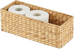mDesign Woven Hyacinth Narrow Bathroom Toilet Roll Holder Storage Organizer Basket Bin - Rectangle Containers for Bathroom, Toilet Tank - Hold 3 Rolls of Toilet Paper - Natural/Tan
