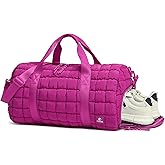 Quilted Duffel Bag for Women, Puffer Gym Duffle Bag with Shoe Compartment Lightweight Large Crossbody Sport Bag Travel Tote Fuchsia