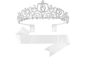 CIEHER Crown and Sash, White Satin Sash with Crystal Crown, Customizable for Weddings, Birthdays, Proms, and More
