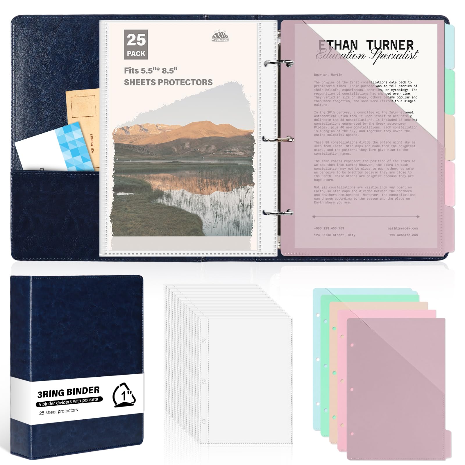 Photo 1 of ?Half Size?Pu Leather Mini 3 Ring Binder with 5-Tabs Pocket Dividers & 25 Sheet Protectors 5.5 x 8.5 Professional Organizer Cute Organizer Binders 1" D Rings for Small Binder Paper School Office(Blue)
