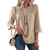 Dokotoo Women's 2025 Fall Fashion Tops 3/4 Sleeve Crewneck Shirts Casual Chiffon Boho Lace Blouses