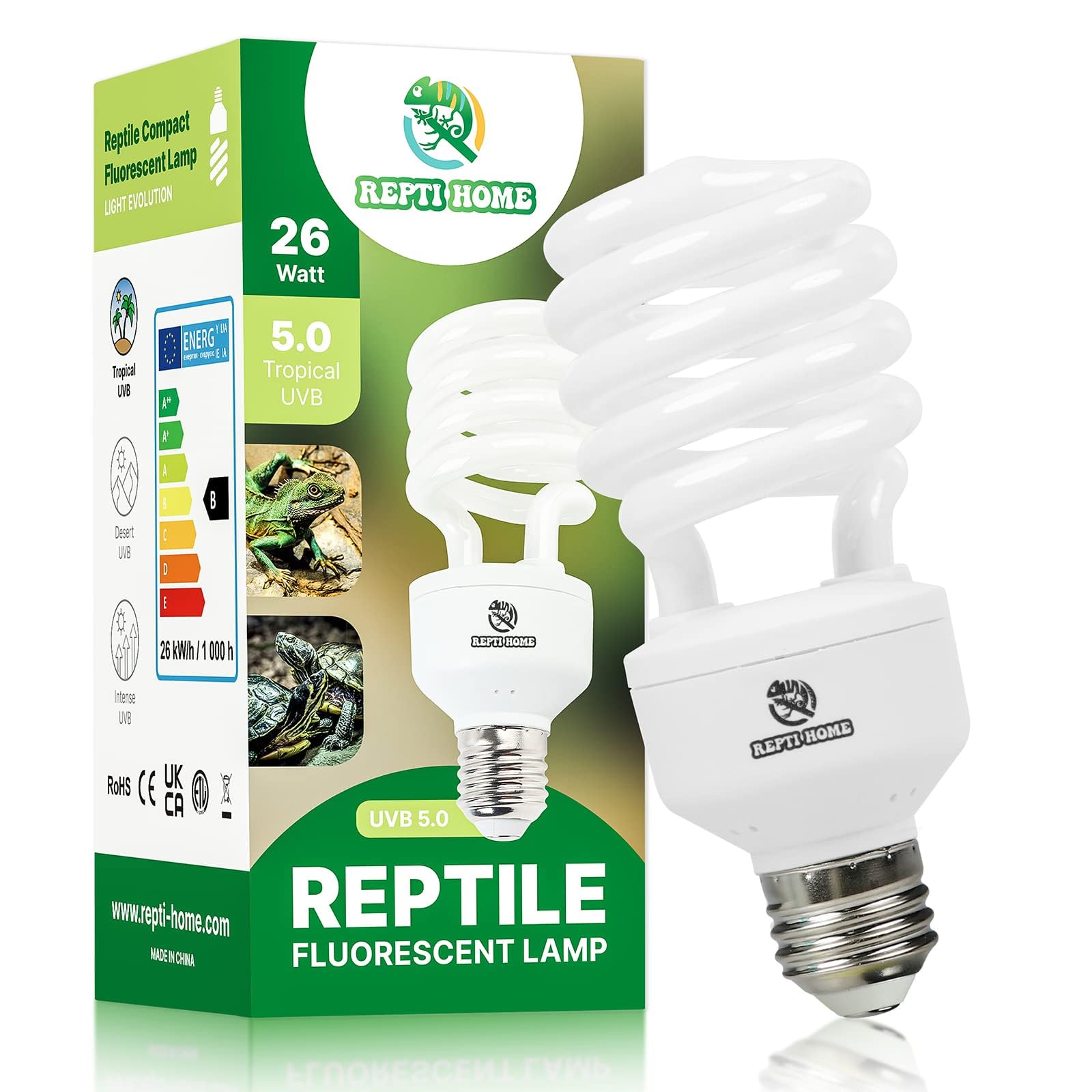 REPTI HOME Reptile UVB Light Bulb 26W, UVA UVB 5.0 Fluorescent Lamp Bulb, Vivarium UVB Light Reptile Kit for Tortoise,Lizard,Bearded Dragon