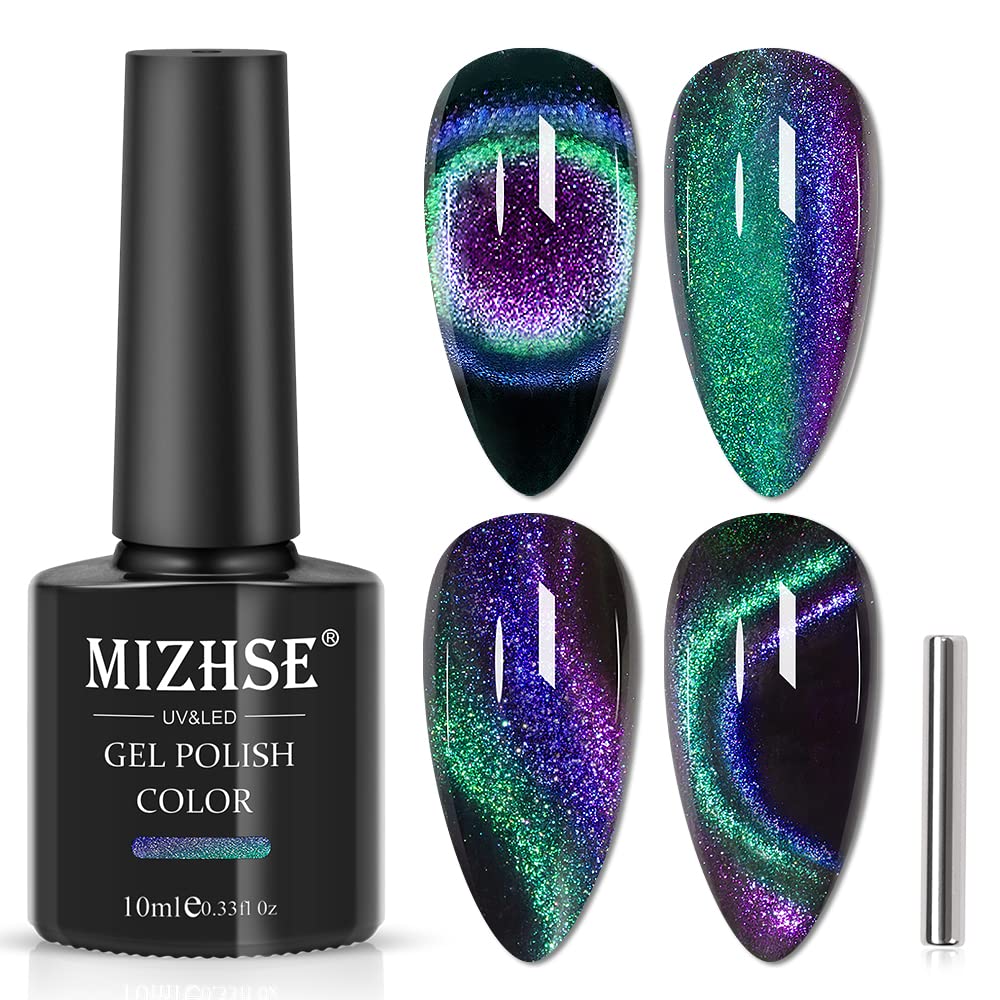 MIZHSE Glitter Cat Eye 9D Nail Polish With Magnetic Stick - Soak-Off UV LED Gel - Discoloration Green Black Manicure DIY - 10ml