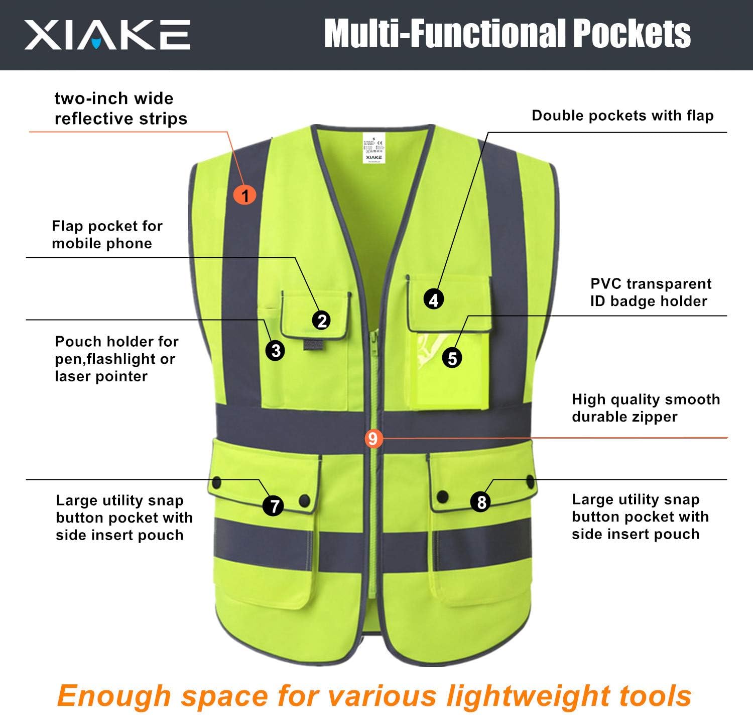 XIAKE Class 2 High Visibility Reflective Safety Vests with 8 Pockets and Zipper Front, Meets ANSI/ISEA Standards(Small, Yellow) - - 