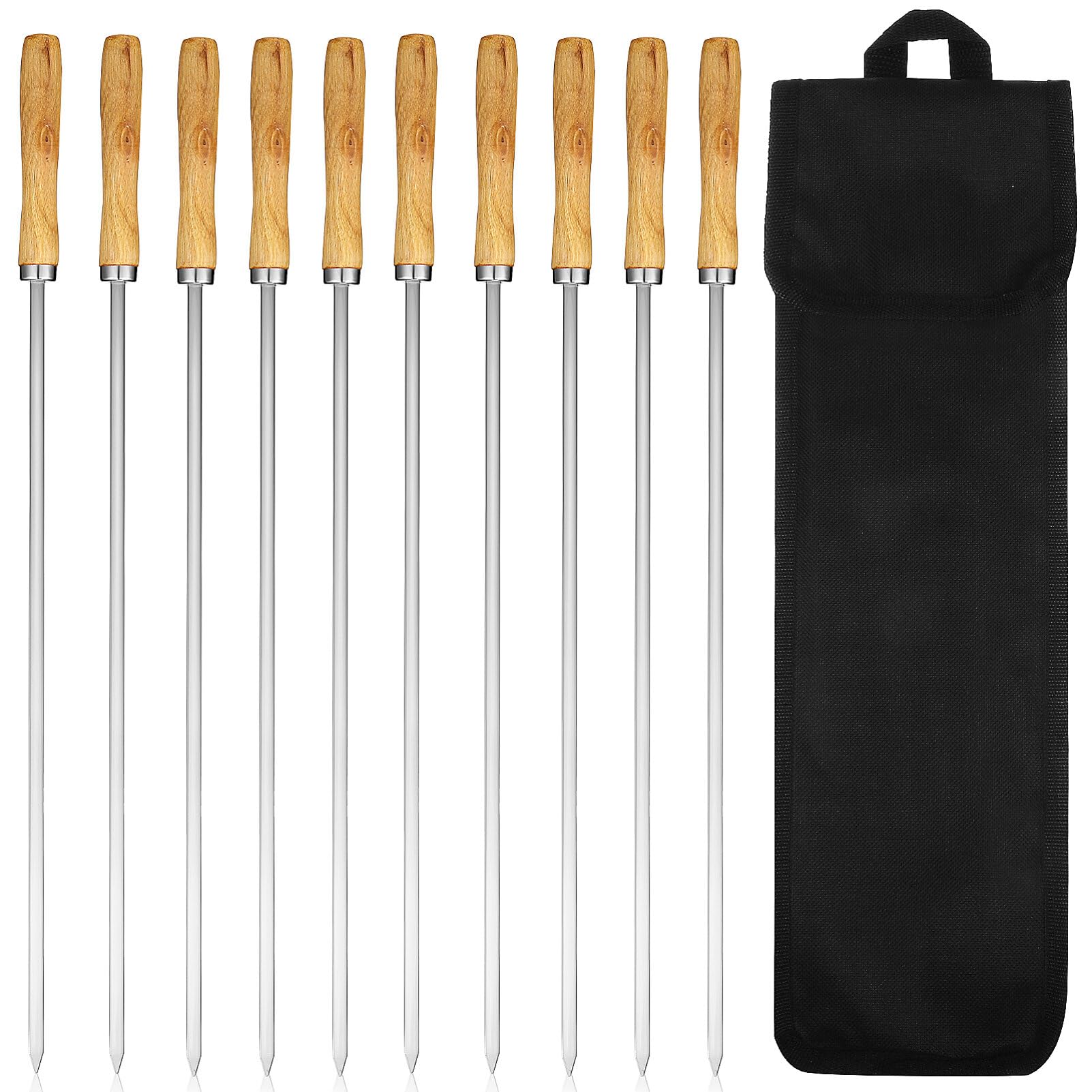 Kichvoe Flat Stainless Steel Barbecue Skewers Set 16.54 Inch with Protective Tip Covers and Storage Bag for Outdoor Camping and Grilling