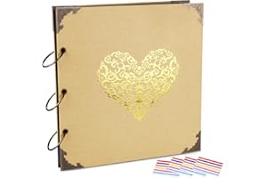 ADVcer Photo Album DIY Scrapbook, 10x10 inch 50 Pages Double Sided, Vintage Hardcover Three-Ring Binder Picture Booth with 408pcs 6 Colors Self Adhesive Photos Corners (Champagne, Gold Blocking Heart)