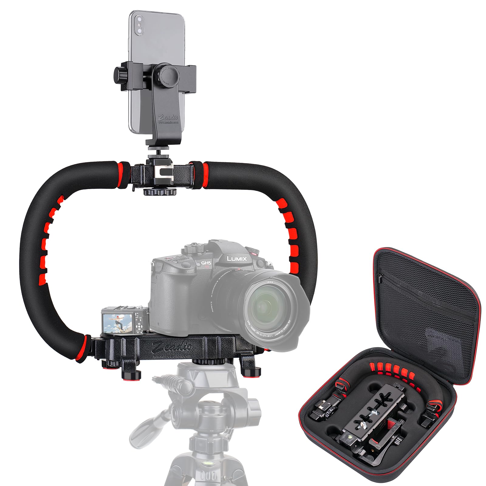 Zeadio Camera Smartphone Stabilizer, Foldable Handle Grip Handheld Video Rig with Carrying Case, Fits for All Camera, Camcorder, Action Camera, DSLR and All iPhone and Android Smartphones