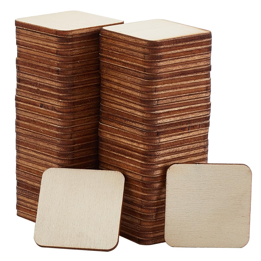 DELORIGIN 200pcs 1.2 Inch Unfinished Wood Pieces Square Blank Wooden Cutouts Natural Slices Wood Pieces for Crafts Ornaments Project Supplies Home Decor Painting Writing Engraving Carving Supplies