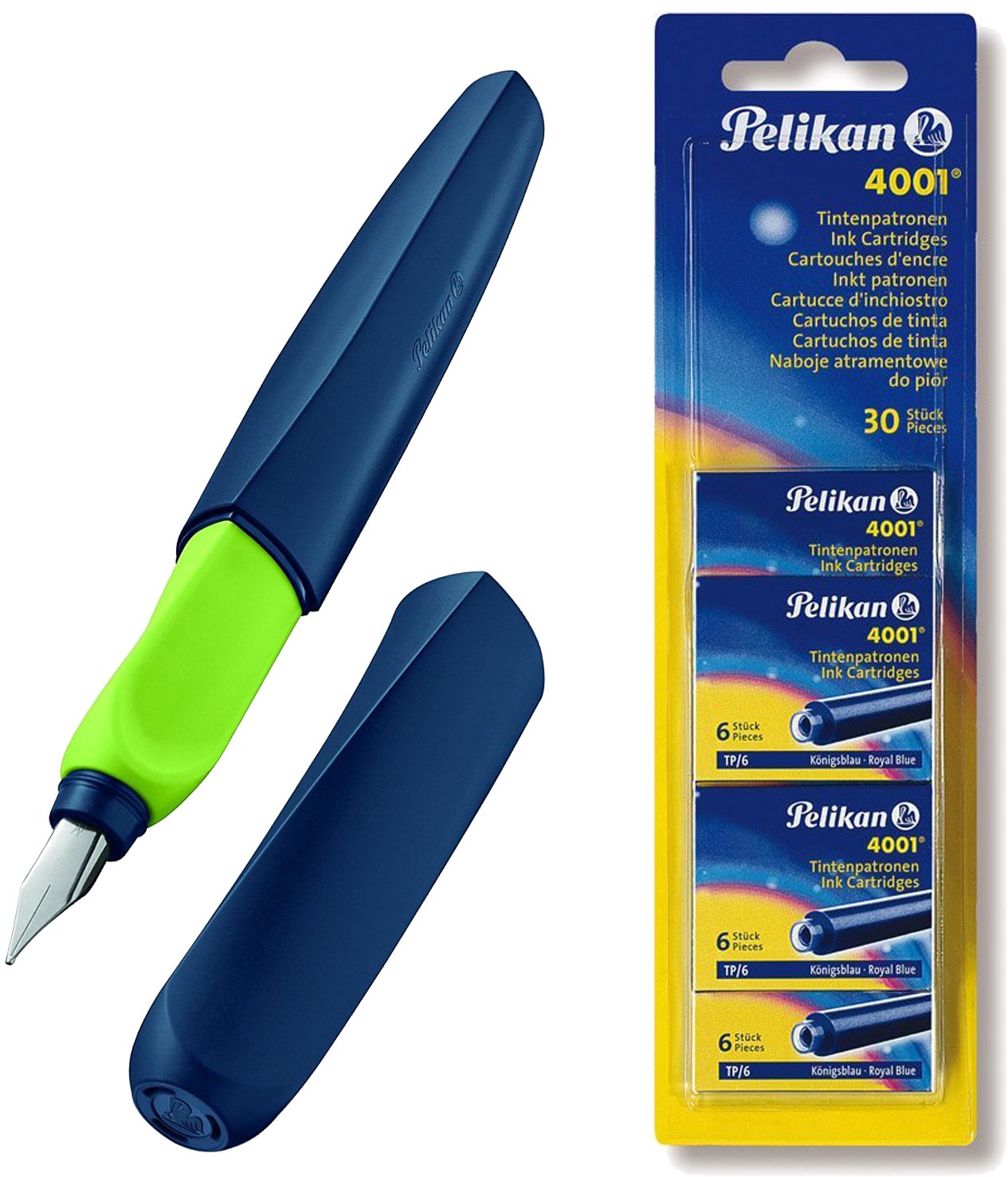 Pelikan Twist Fountain Pen in Folding Box, Universal for Right and Left-Handers, Nib M [Apple Blue] + 30 Cartridges Set