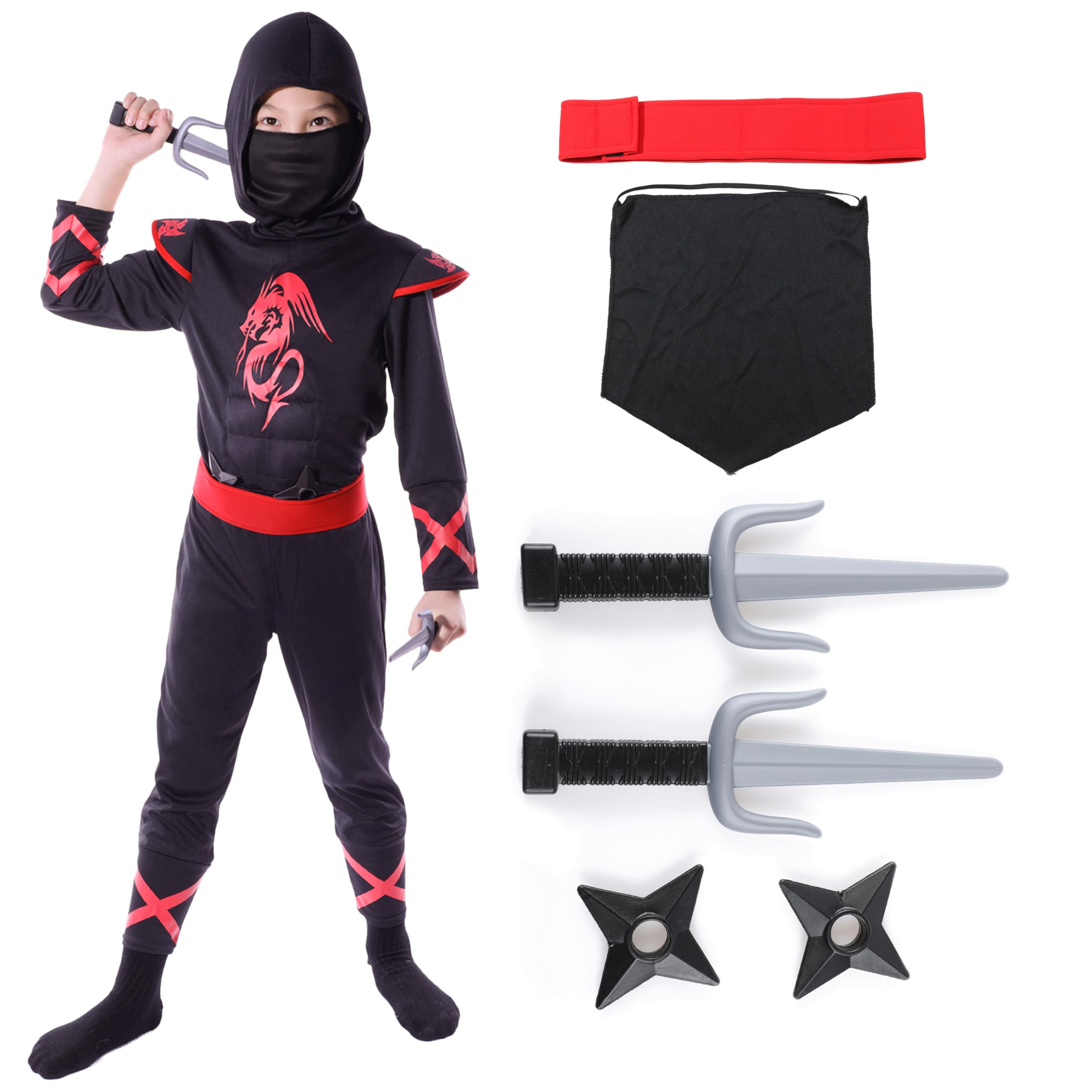 Sincere Party 7pcs Dragon Ninja Costume for Unisex Kids,Ninja Dress Up Role Play Outfit with Accessories 5-7years