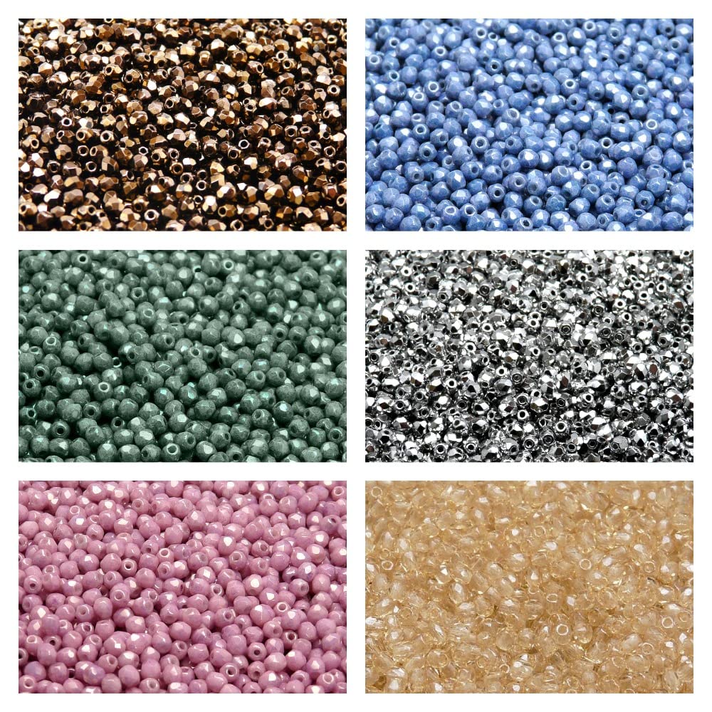 Czech Faceted Glass Beads Fire-Polishedº Round 3mm. Set 304: 6 colors, total of 600 beads (1/2 Mass), 3FP025 3FP027 3FP028 3FP029 3FP031 3FP033