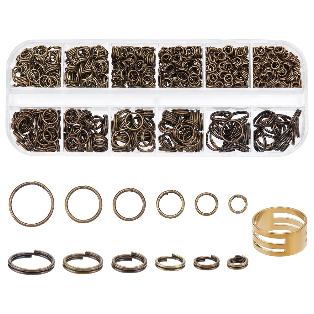 PandaHall Elite 500 pcs Brass Double Loops Jump Rings with Assistant Tool for Necklaces Bracelet Jewellery Making, Antique Bronze, 0.7x4/5/6/7/8/10mm, Inner Diameter: 3.6/3.6/4.6/5.6/6.6/8.6mm