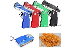 WIOIHEE 4Pcs Rubber Band Gun Toy - Mini Metal Foldable Toy Rubber Gun with 240 Rubber Bands, Rubber Launcher Toy with Keychain, Gifts for Adults & Kids (Multi)